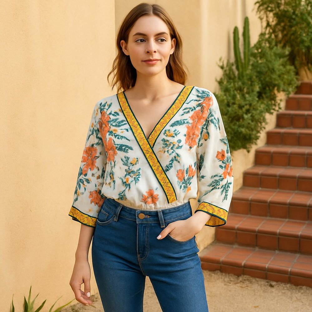 Flying Tomato Cream Floral Cross Front Kimono Sleeve Boho Top Size S